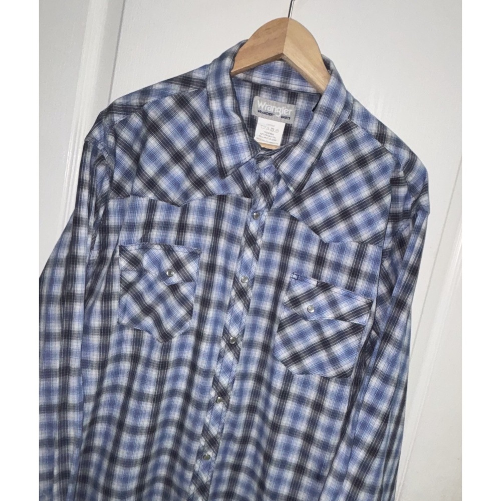 Wrangler Wrancher Mens 2XLT Tall Pearl Snap Western Shirt Plaid Blue Black L/S - Picture 4 of 9